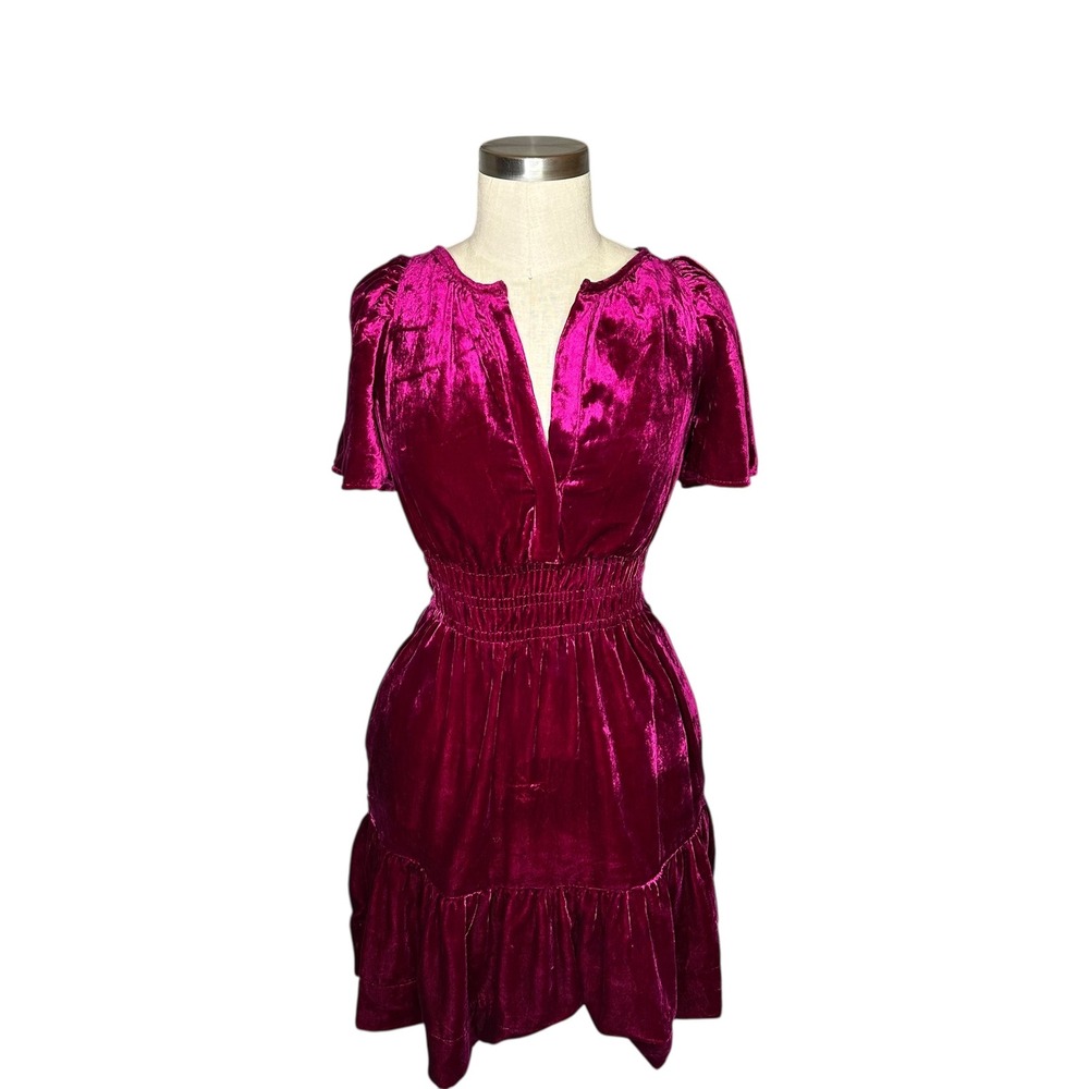 ANTHROPOLOGIE The Somerset Mini Dress Velvet Fuchsia XXS Short Glam Party‎